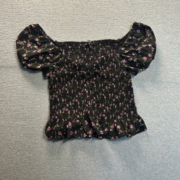 Paper Moon Tops - Papermoon Smocked Peplum Puff Sleeve Womens Small Black Floral Cottagecore Top‎